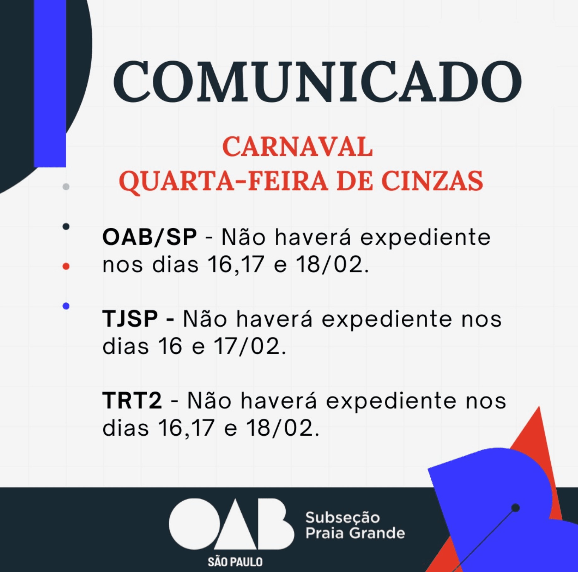 COMUNICADO: Recesso Carnaval